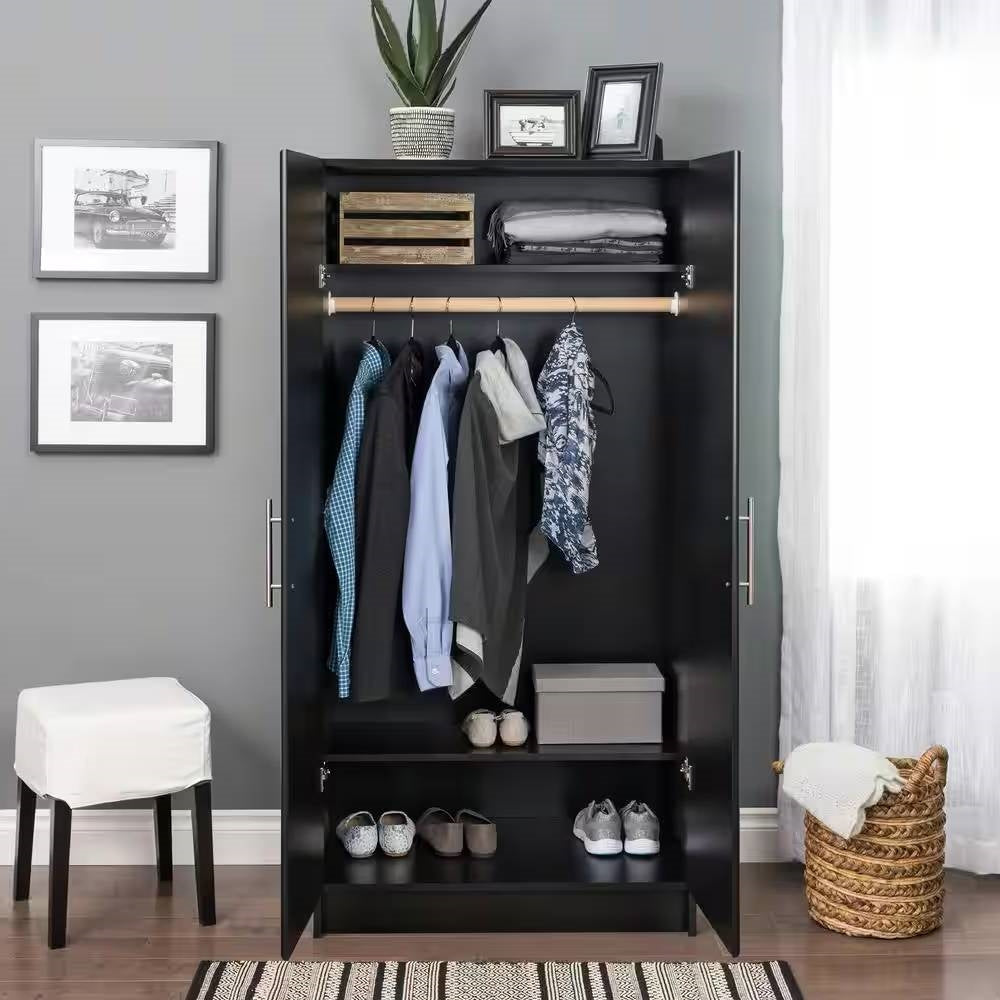 Black Freestanding Bedroom Cabinet Armoire Wardrobe Closet with Hanging Rail — Chic Home-Decor