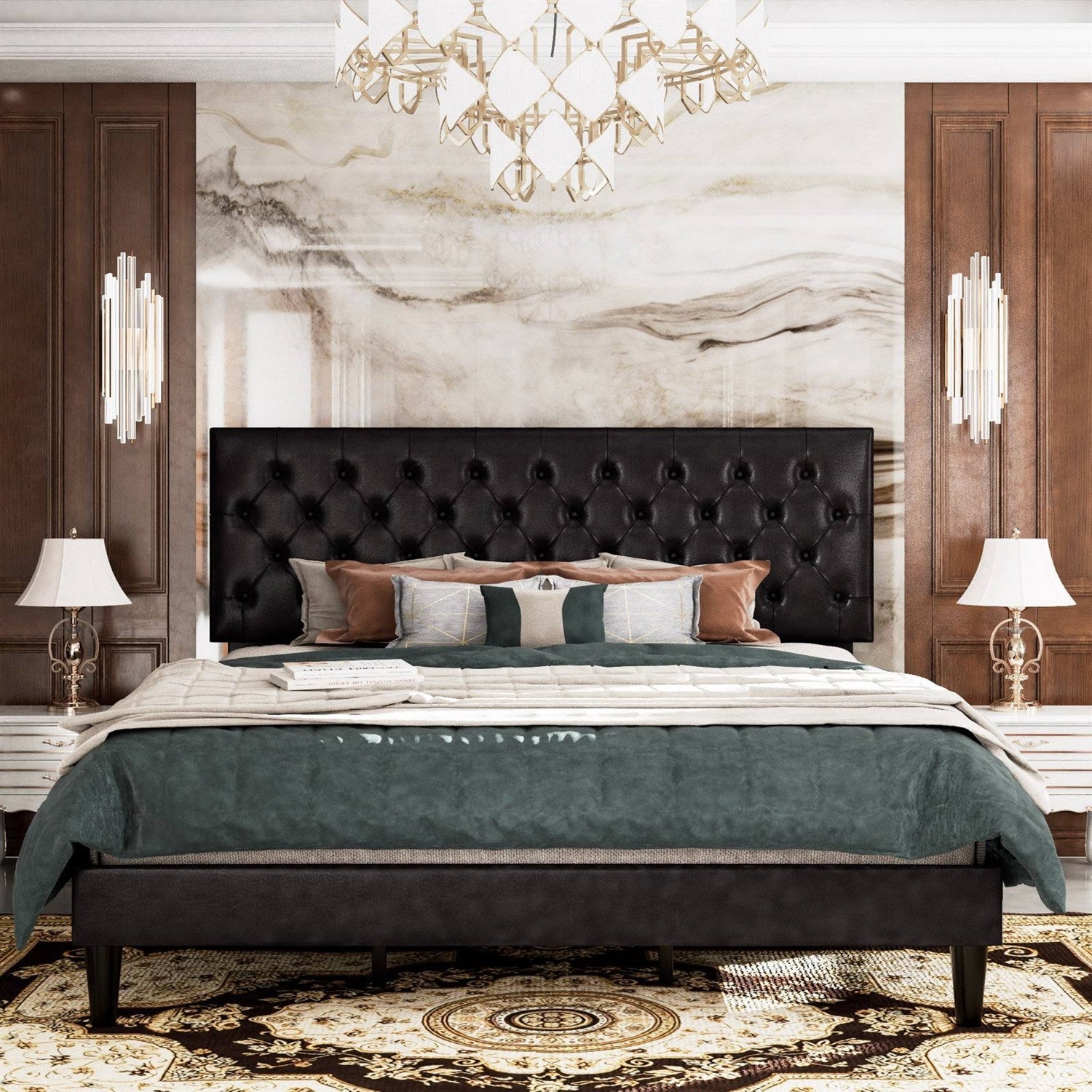 Full Black Faux Leather Upholstered Platform Bed with Button-Tufted Headboard — Chic Home-Decor