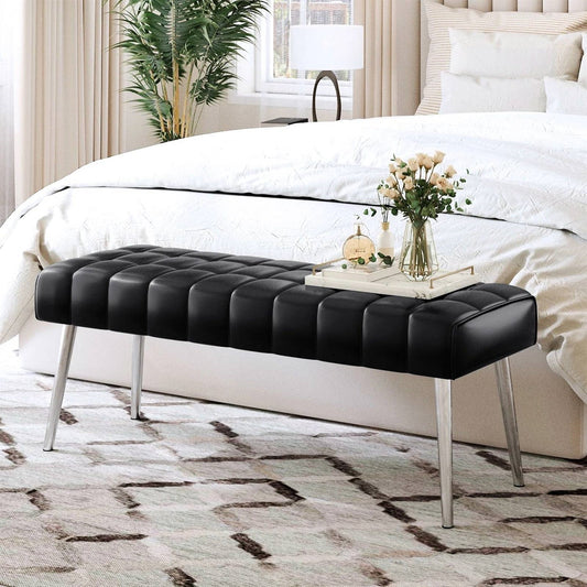 Mid-Century Modern End of Bed Bench with Black PU Leather Seat and Tapered Legs — Chic Home-Decor