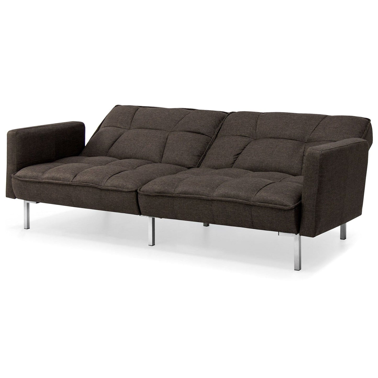 Plush Brown Split-Back Design Convertible Linen Tufted Futon w/ 2 Pillows