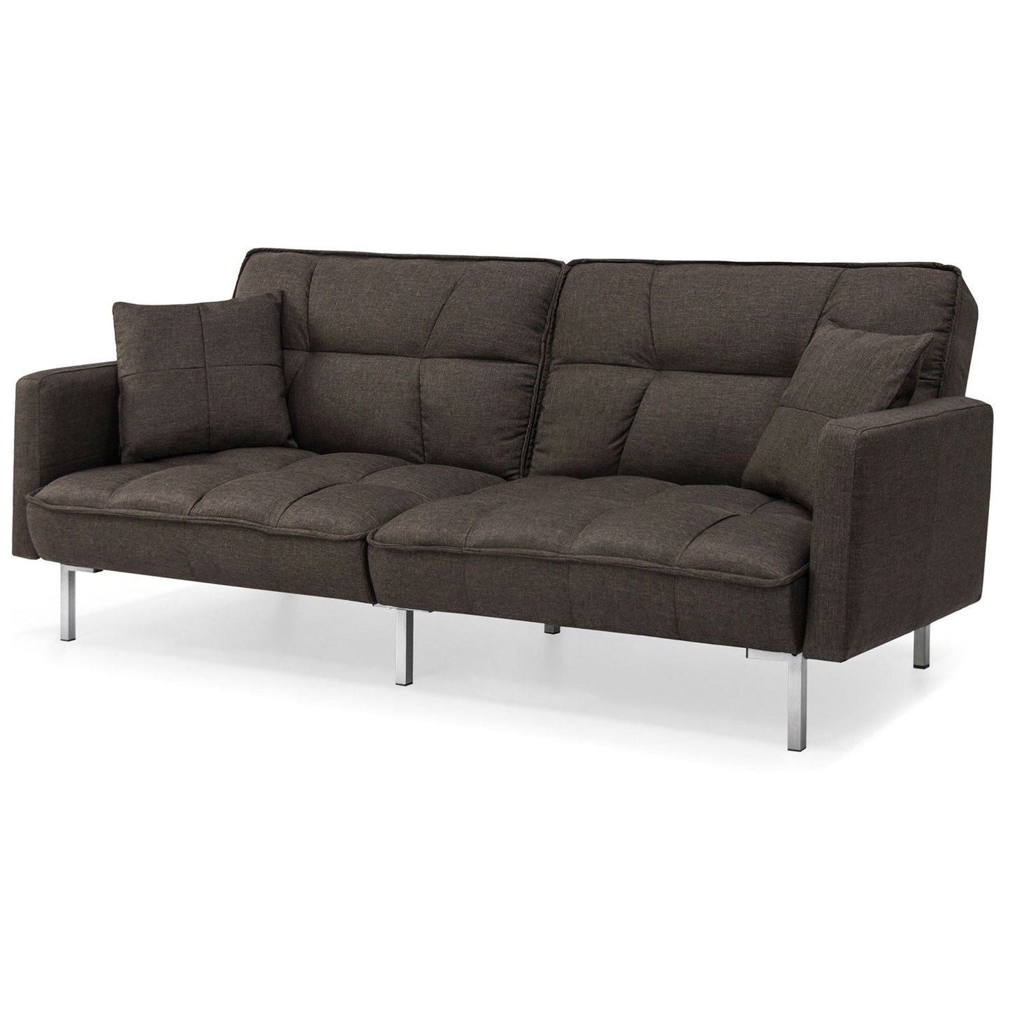 Plush Brown Split-Back Design Convertible Linen Tufted Futon w/ 2 Pillows