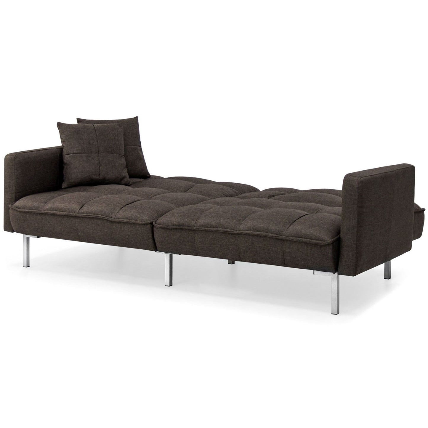 Plush Brown Split-Back Design Convertible Linen Tufted Futon w/ 2 Pillows