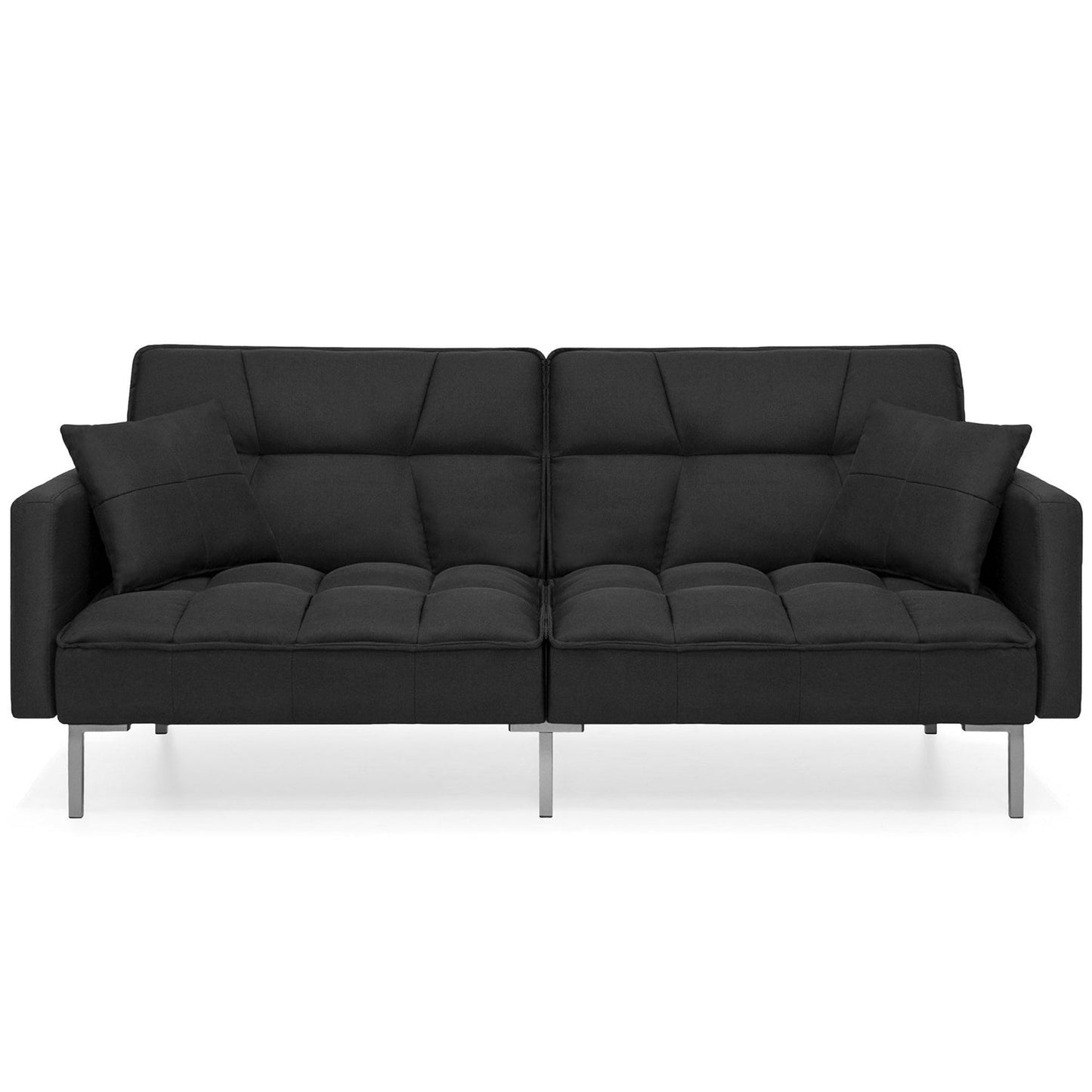 Plush Black Split-Back Design Convertible Linen Tufted Futon w/ 2 Pillows