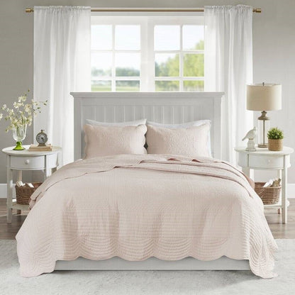 Full/Queen Size 3 Piece Reversible Scalloped Edges Microfiber Quilt Set in Blush — Chic Home-Decor