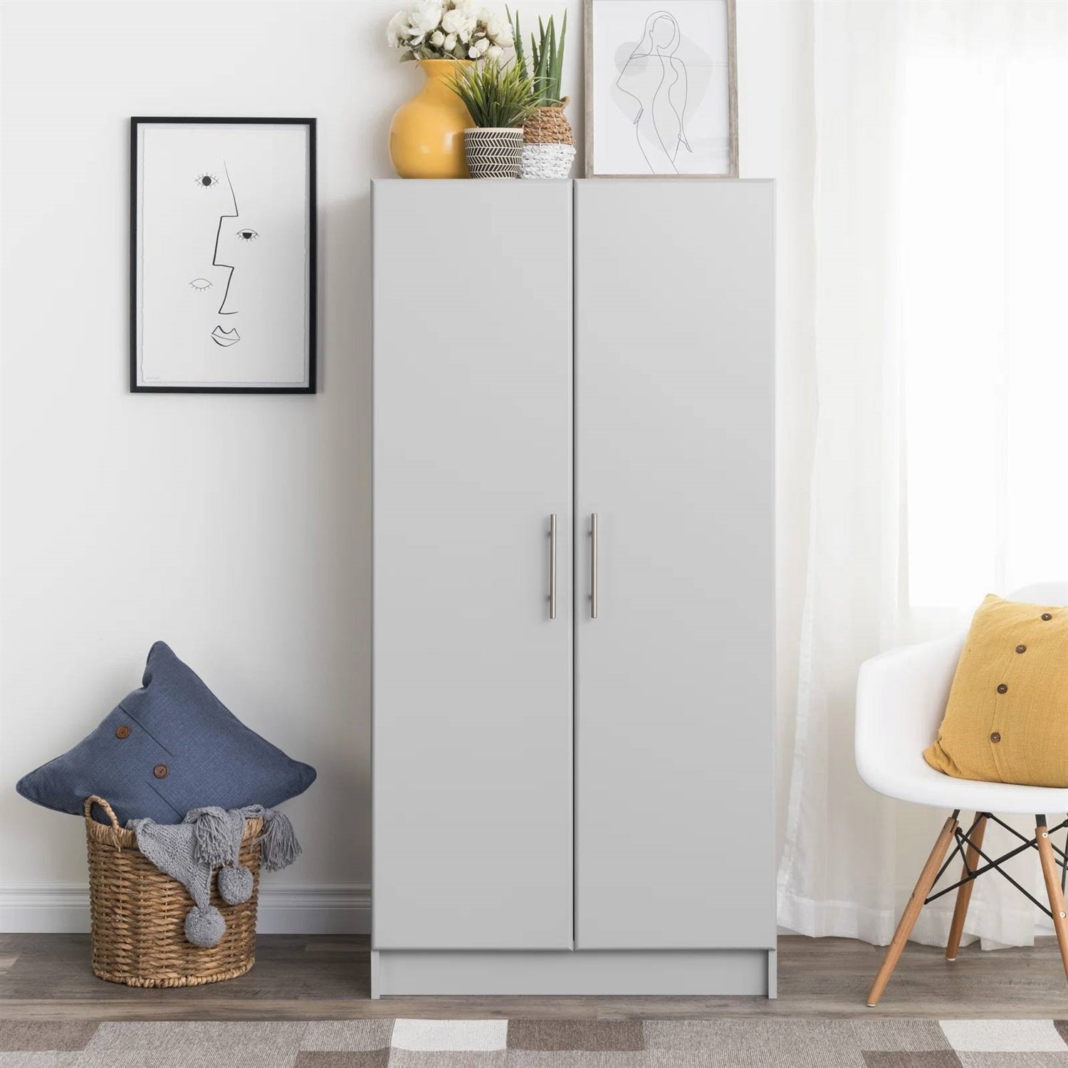 Bedroom Armoire Wardrobe Cabinet with Hanging Rail in Light Grey Wood Finish — Chic Home-Decor