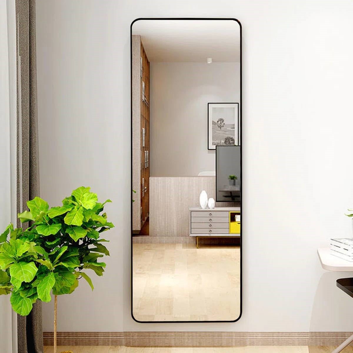 Black 60-inch Full Length Floor Mirror with Stand and Wall Mount Holes
