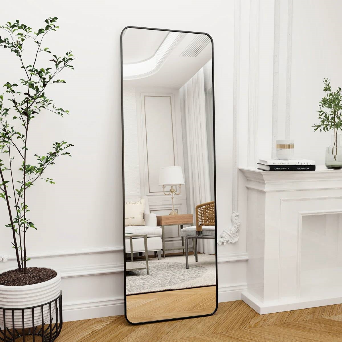 Black 60-inch Full Length Floor Mirror with Stand and Wall Mount Holes