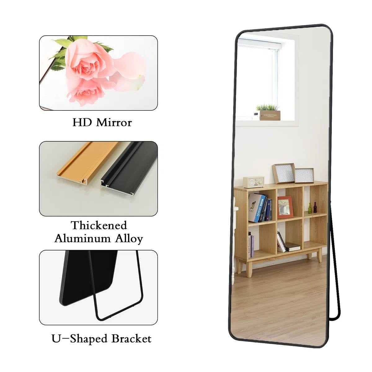 Black 60-inch Full Length Floor Mirror with Stand and Wall Mount Holes