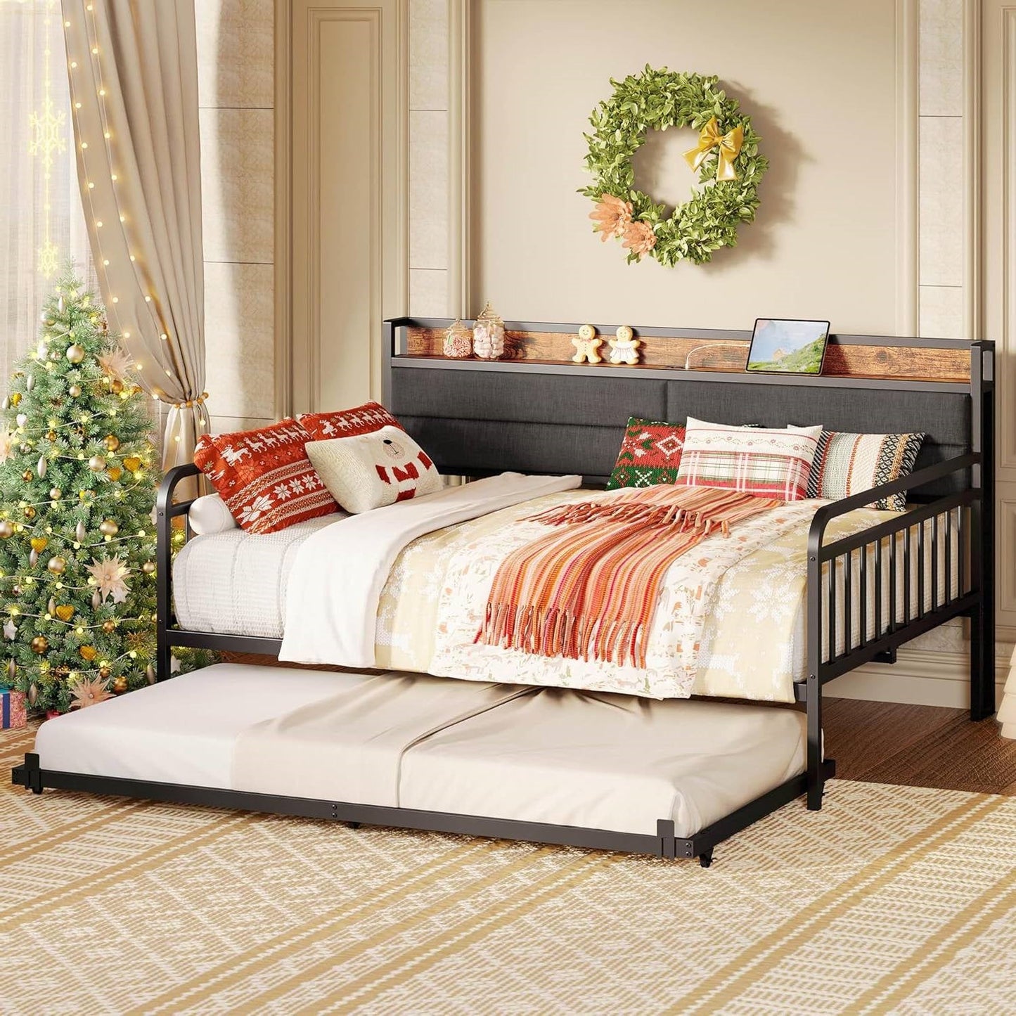 Full size Black Metal Daybed with Upholstered Headboard and Twin Trundle