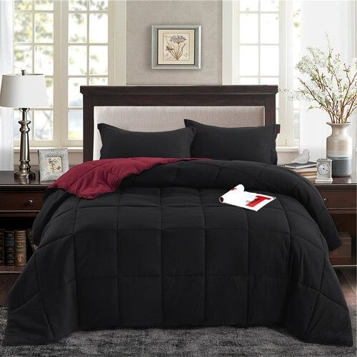 King/Cal King Traditional Microfiber Reversible 3 Piece Comforter Set in Black/Maroon — Chic Home-Decor