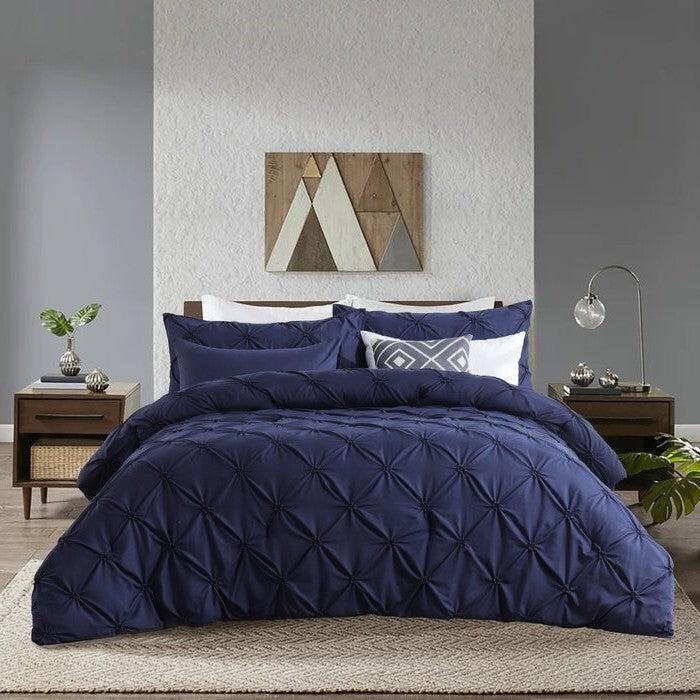 King Size All Season Pleated Hypoallergenic Microfiber Reversible 3 Piece Comforter Set in Navy — Chic Home-Decor