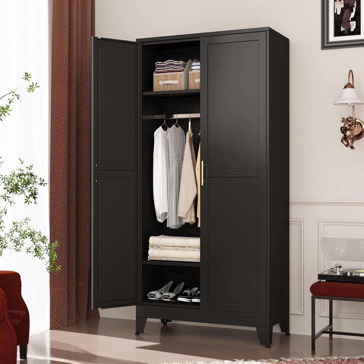 Black Metal Multifunctional Storage Armoire Wardrobe Closet