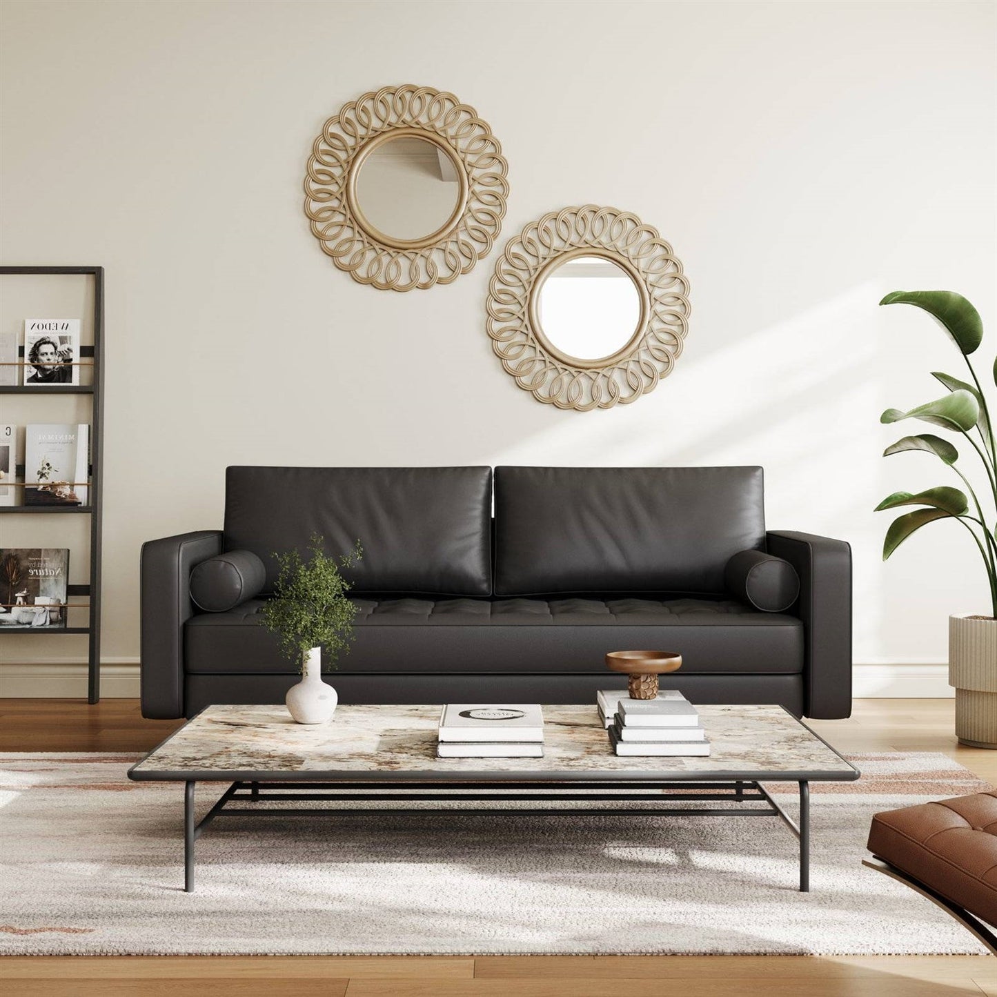 Black Upholstered Faux Leather Sofa w/ Pillows Solid Hardwood Legs