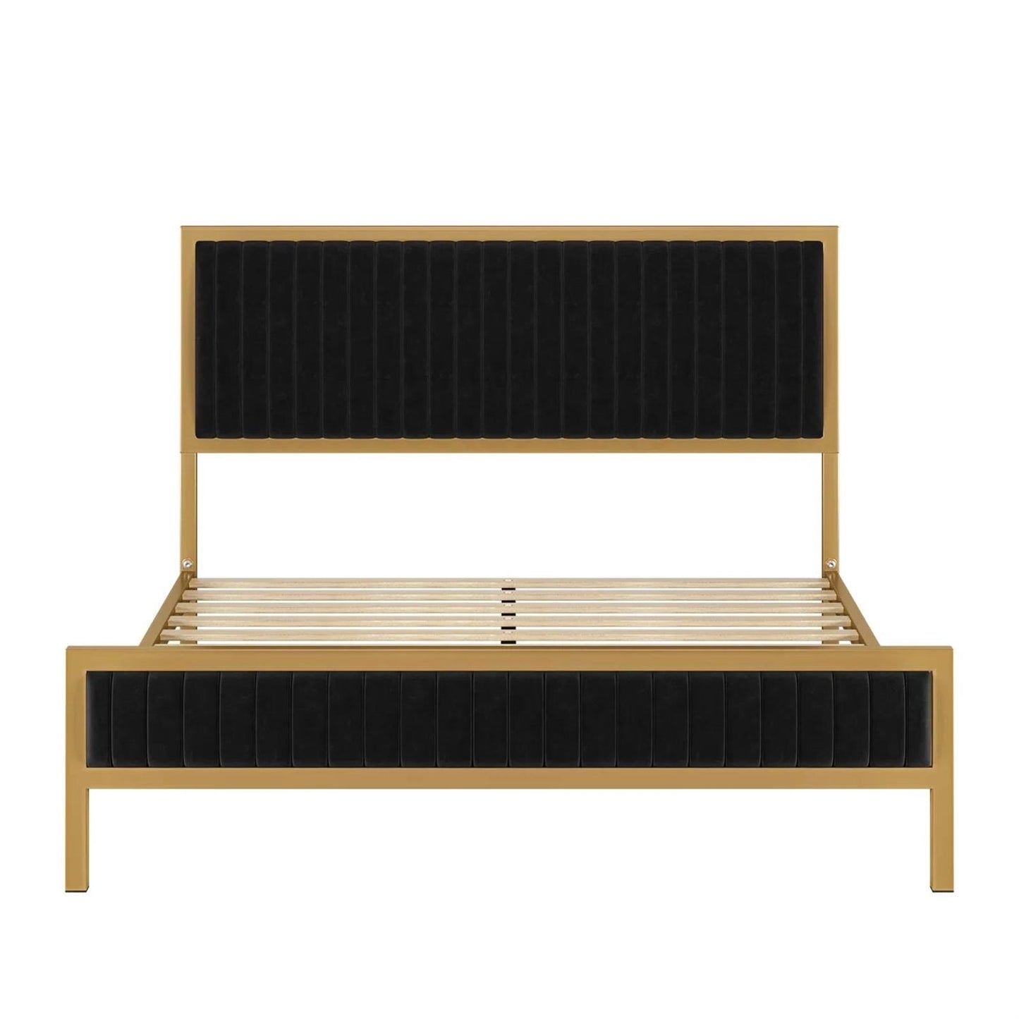 King size Gold Metal Platform Bed Frame with Black Velvet Upholstered Headboard