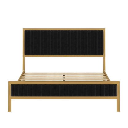King size Gold Metal Platform Bed Frame with Black Velvet Upholstered Headboard