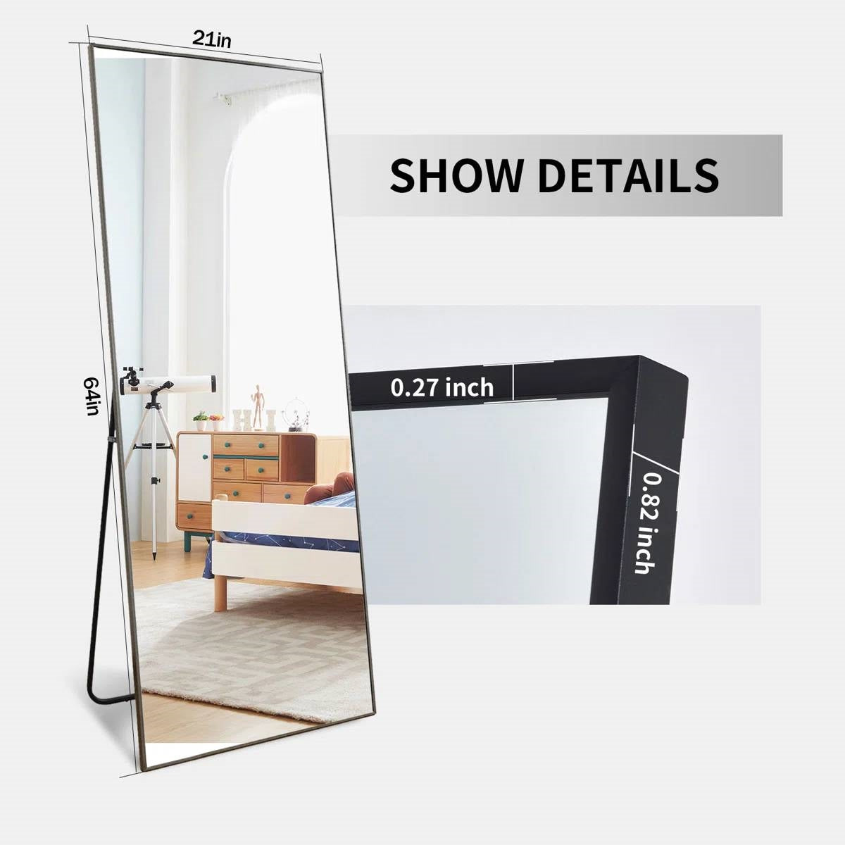 Black 64-inch Full Length Floor Mirror with Stand and Wall Mounting Holes