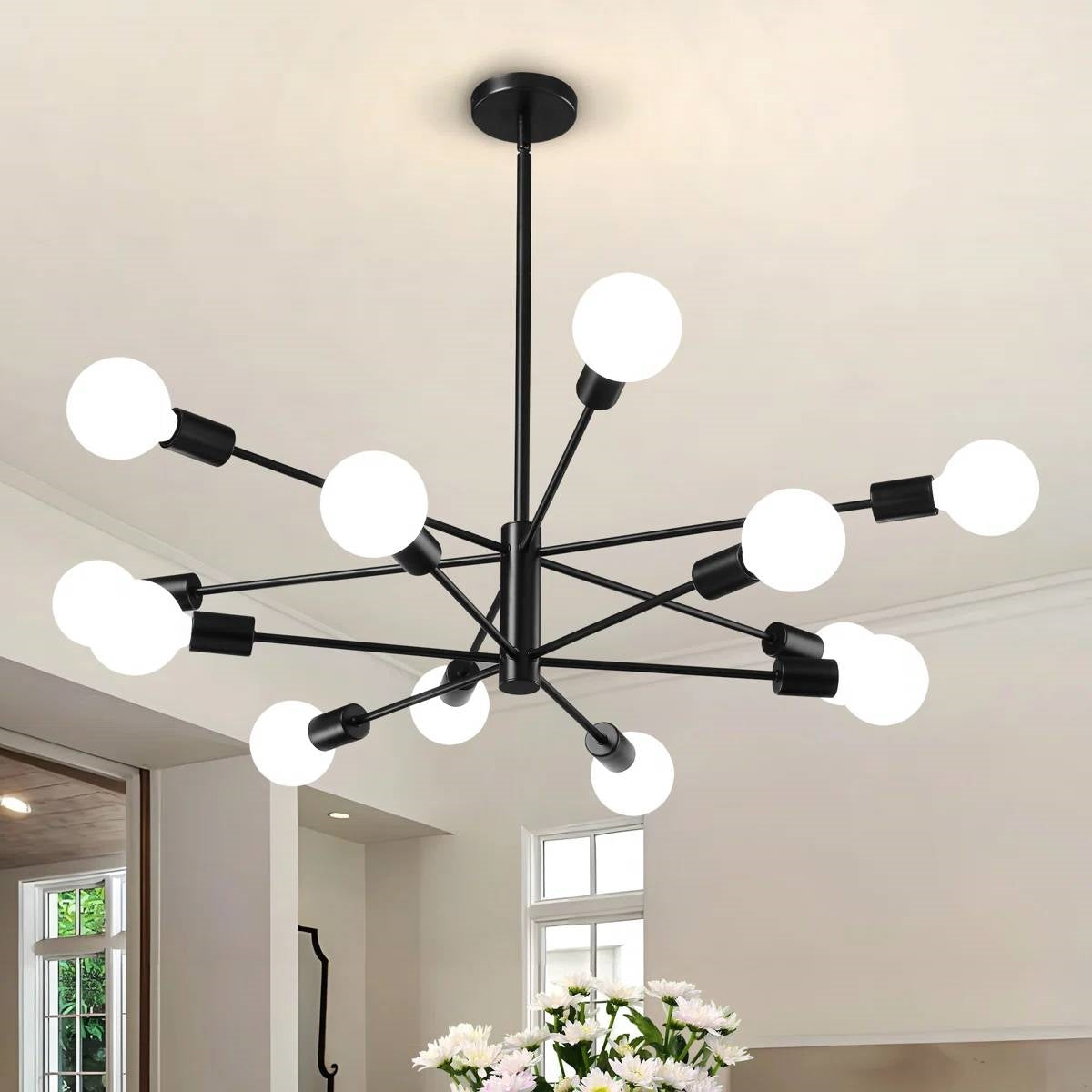 Black 33-inch Modern 12-Light Dimmable Sputnik Chandelier Lamp