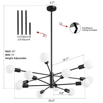 Black 33-inch Modern 12-Light Dimmable Sputnik Chandelier Lamp