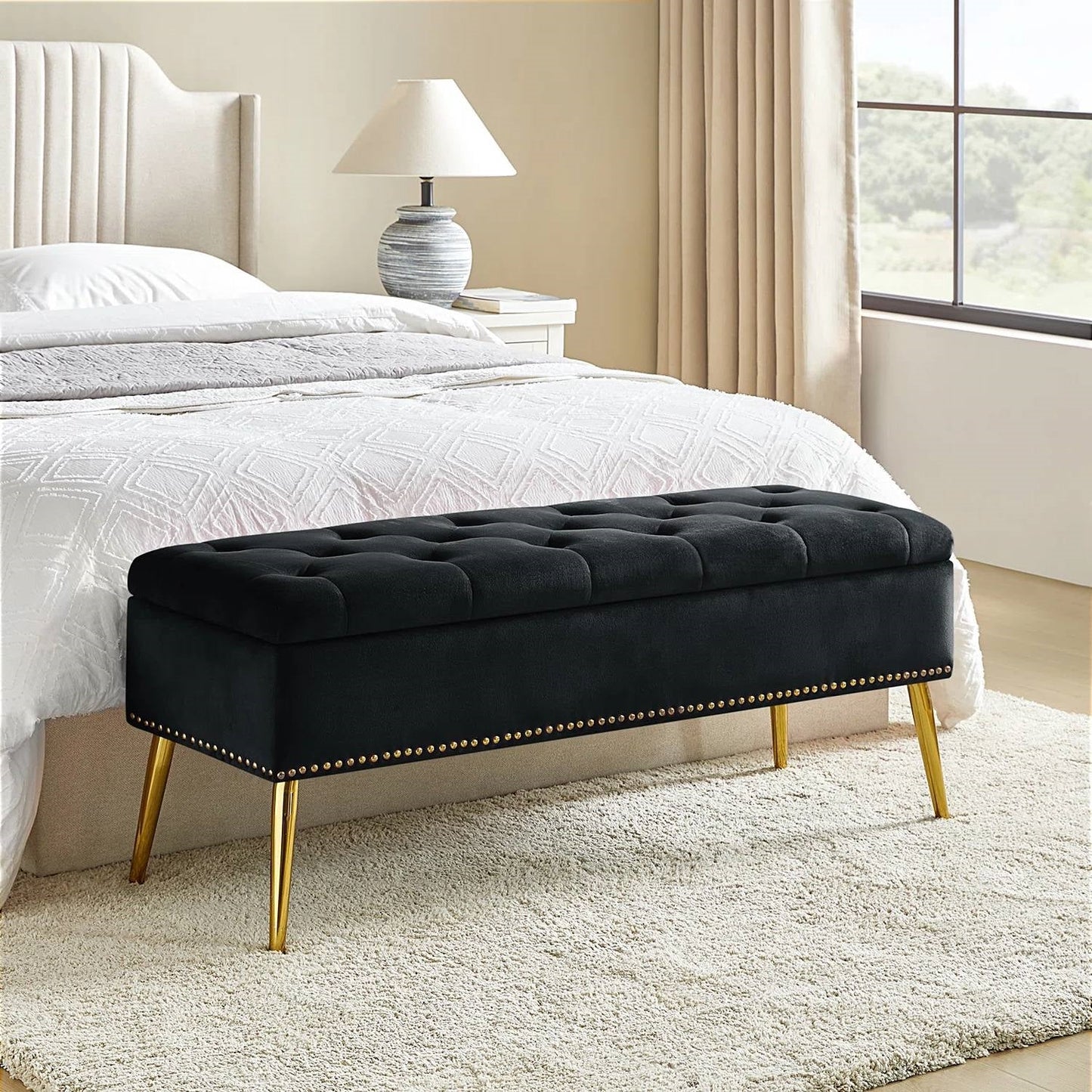 Mid-Century Modern End of Bed Storage Bench with Black Velvet Seat and Gold Legs — Chic Home-Decor
