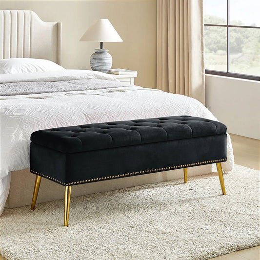 Mid-Century Modern End of Bed Storage Bench with Black Velvet Seat and Gold Legs — Chic Home-Decor