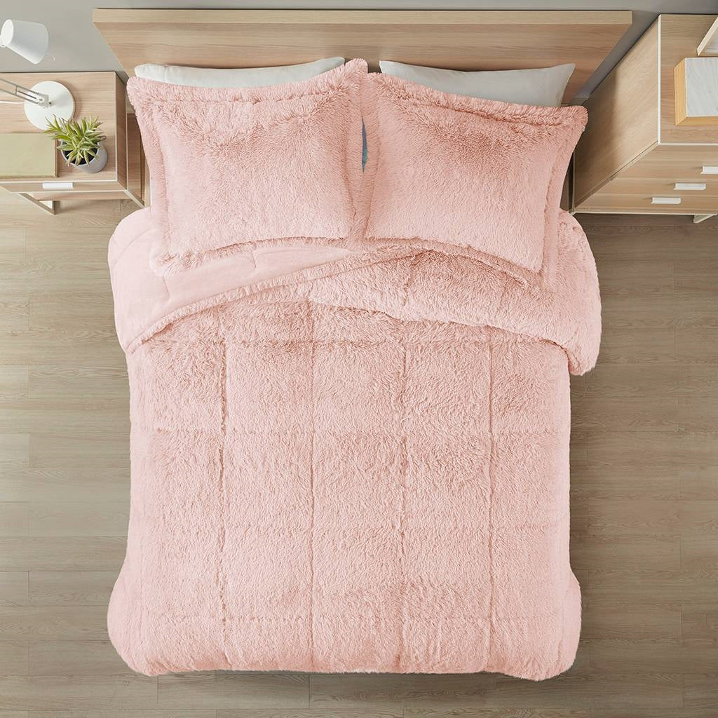 Full/Queen Pink Blush Soft Sherpa Faux Fur 3-Piece Comforter Set — Chic Home-Decor