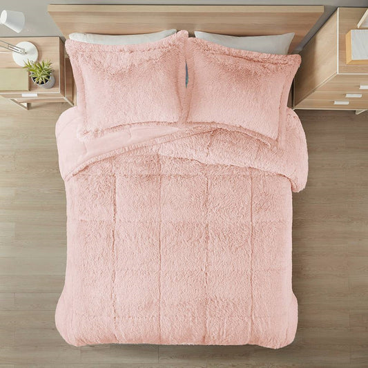Full/Queen Pink Blush Soft Sherpa Faux Fur 3-Piece Comforter Set — Chic Home-Decor