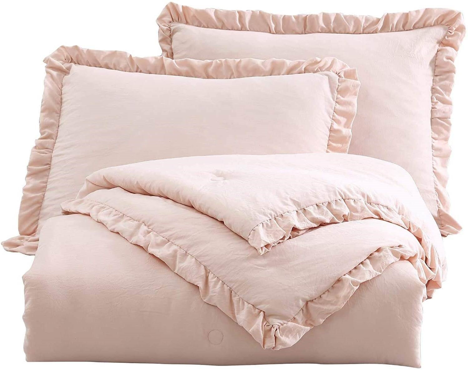 Queen Oversized Pink Ruffled Edge Microfiber Comforter Set — Chic Home-Decor