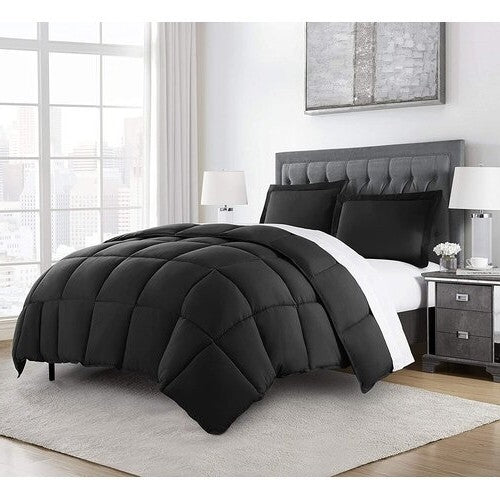 Queen Size Reversible Microfiber Down Alternative Comforter Set in Black — Chic Home-Decor
