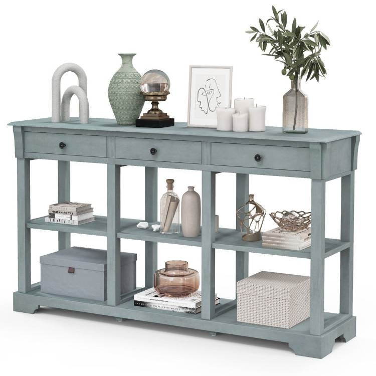Blue Retro Entryway Console Table 3 Drawer Open Shelves
