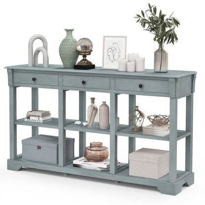 Blue Retro Entryway Console Table 3 Drawer Open Shelves