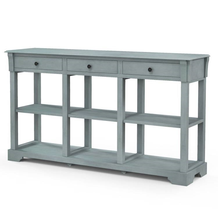 Blue Retro Entryway Console Table 3 Drawer Open Shelves