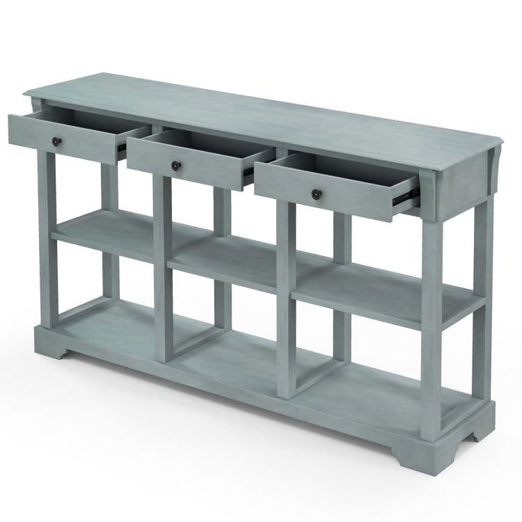 Blue Retro Entryway Console Table 3 Drawer Open Shelves
