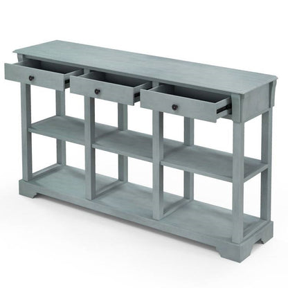 Blue Retro Entryway Console Table 3 Drawer Open Shelves