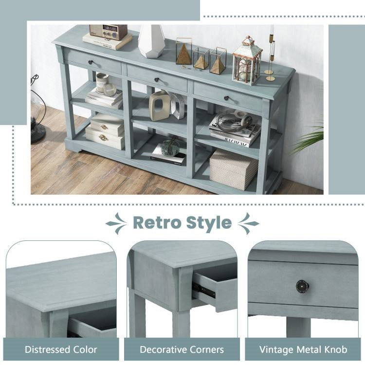 Blue Retro Entryway Console Table 3 Drawer Open Shelves