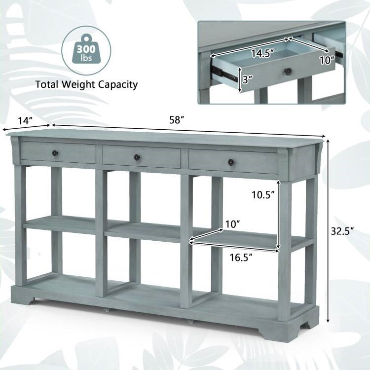 Blue Retro Entryway Console Table 3 Drawer Open Shelves