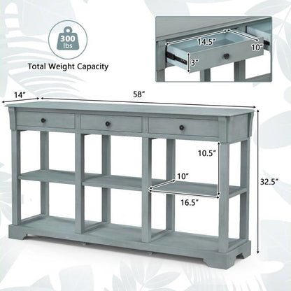 Blue Retro Entryway Console Table 3 Drawer Open Shelves