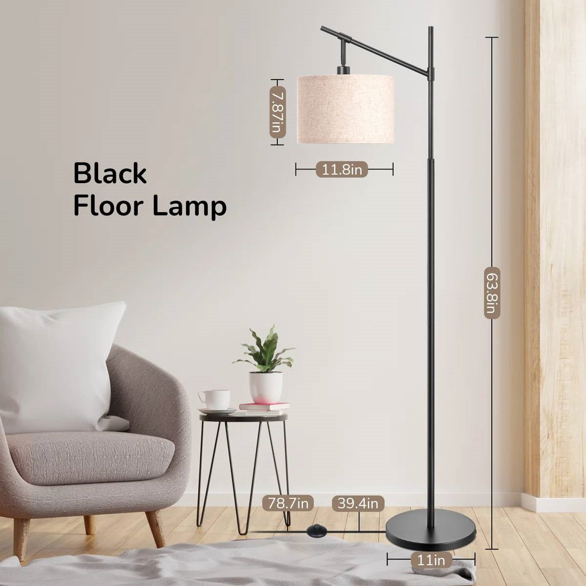 63-inch Black Modern Arc Floor Lamp with Beige Linen Drum Shade