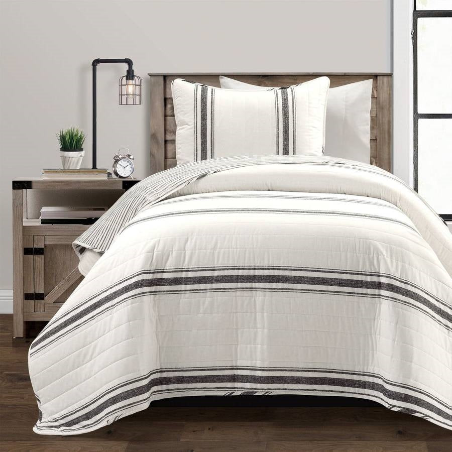 Twin/Twin XL Black Off-White Cream Stripe Reversible Cotton 2 Piece Quilt Set — Chic Home-Decor