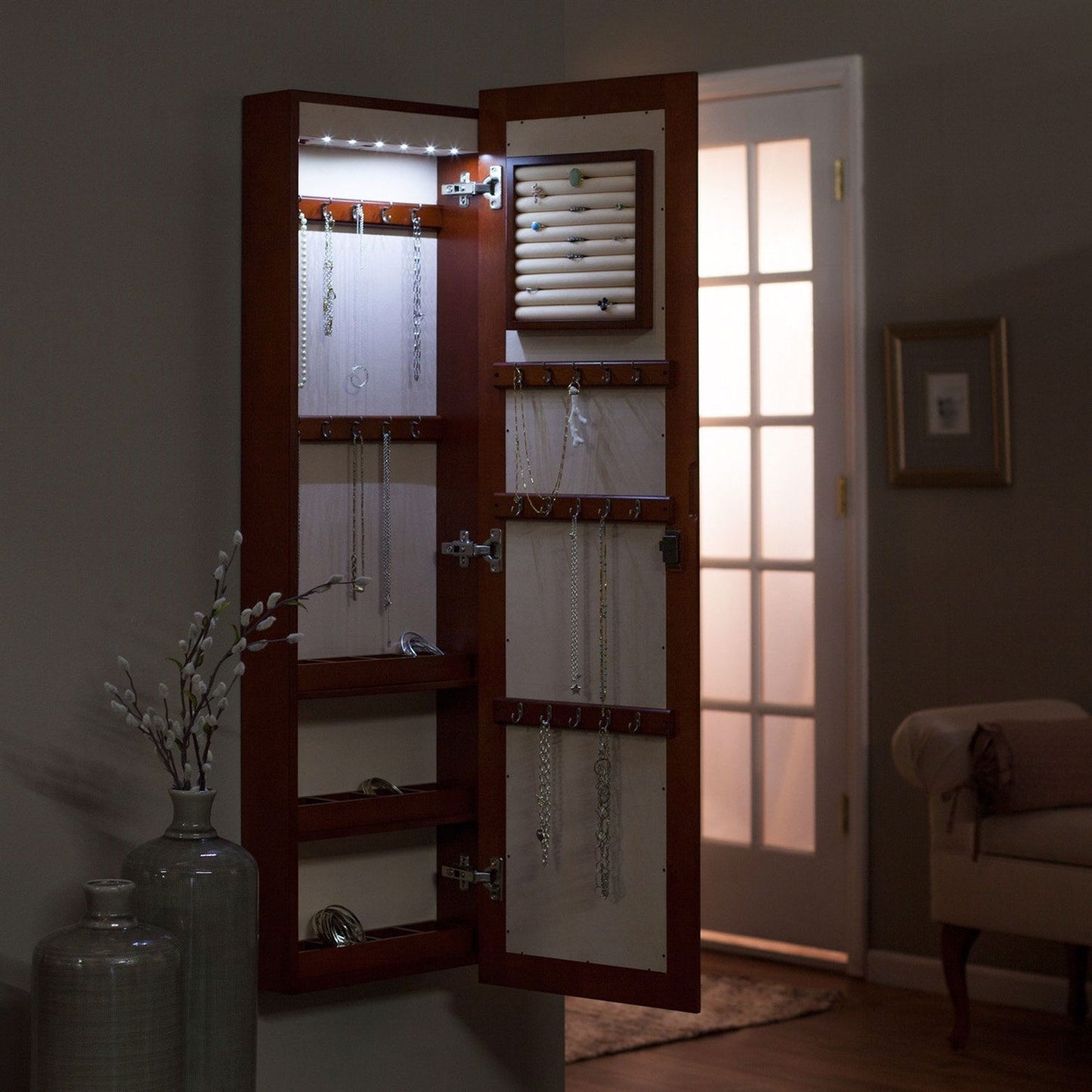 Wall Mounted Locking Jewelry Armoire with Mirror in Cherry Wood Finish