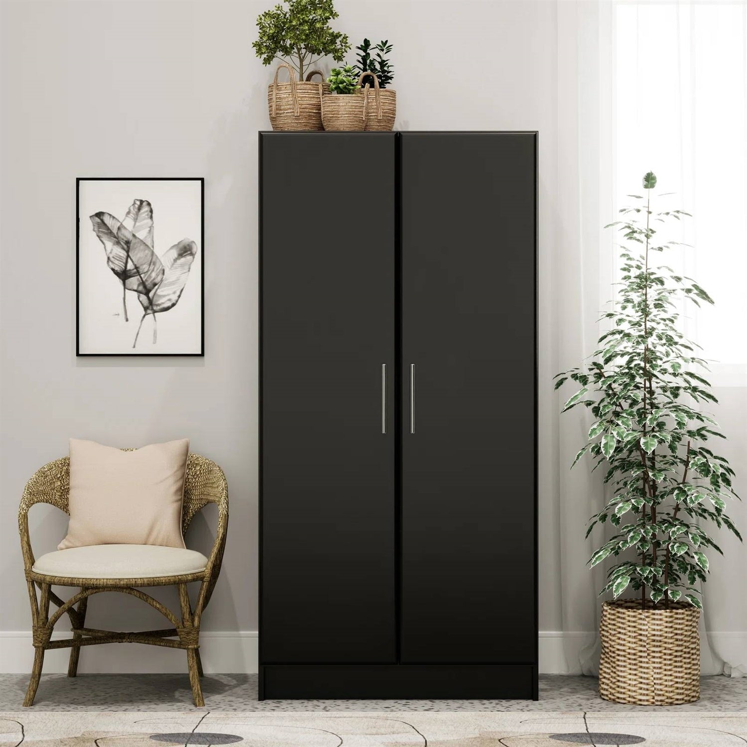 Bedroom Armoire Wardrobe Cabinet with Hanging Rail in Black Wood Finish — Chic Home-Decor