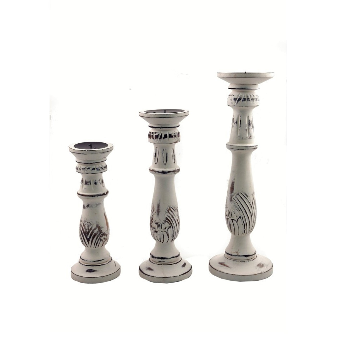 Benzara Taki distressed mango wood pillar candle holders, set of 3, white