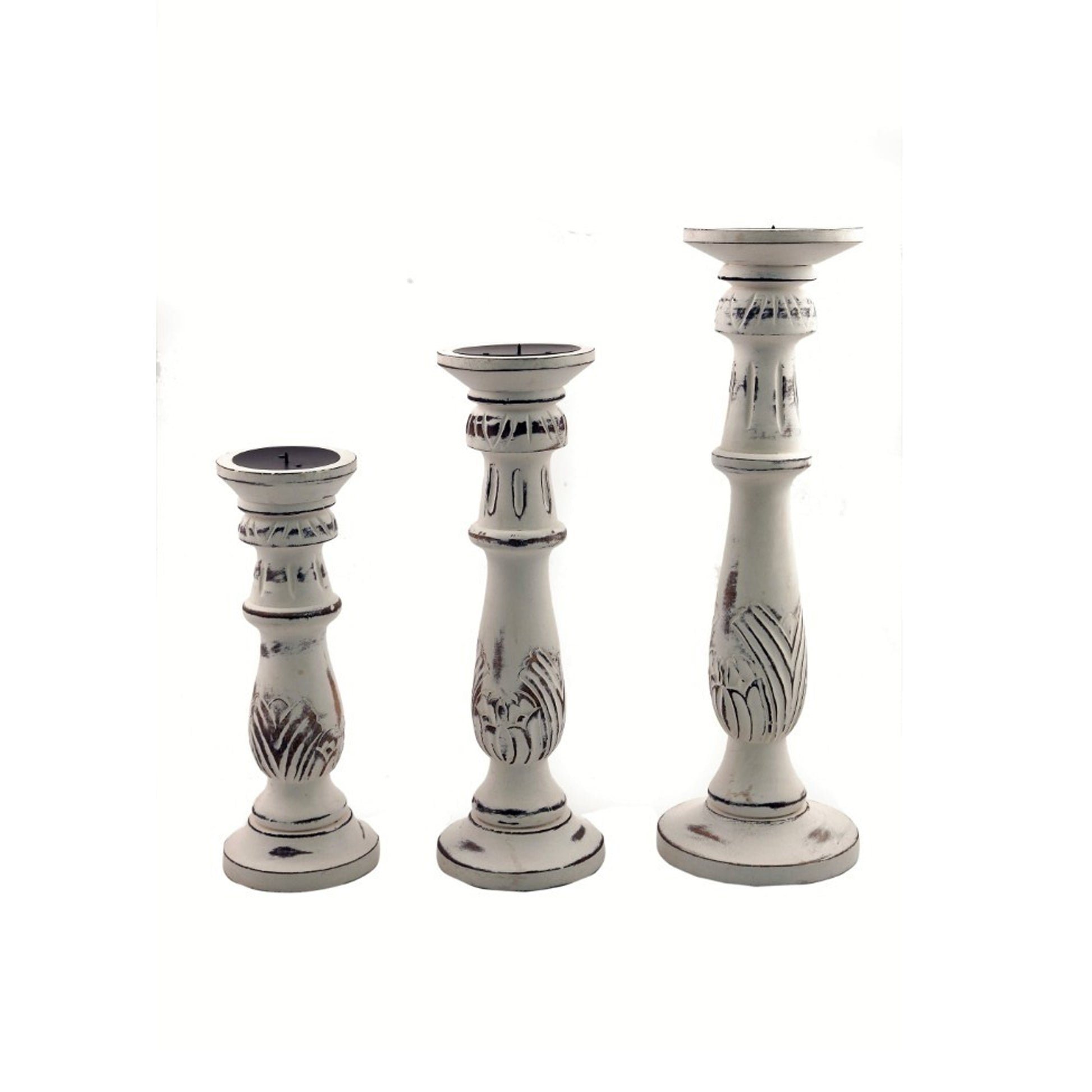 Benzara Taki distressed mango wood pillar candle holders, set of 3, white