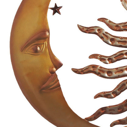 21 Inch Handcrafted Sun and Moon Accent Wall Decor, Round Metal Wall Mount, Rustic Gold, Bronze