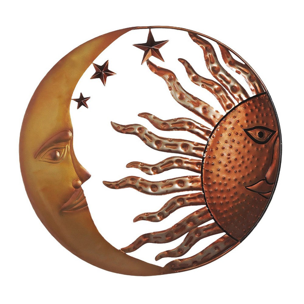 21 Inch Handcrafted Sun and Moon Accent Wall Decor, Round Metal Wall Mount, Rustic Gold, Bronze