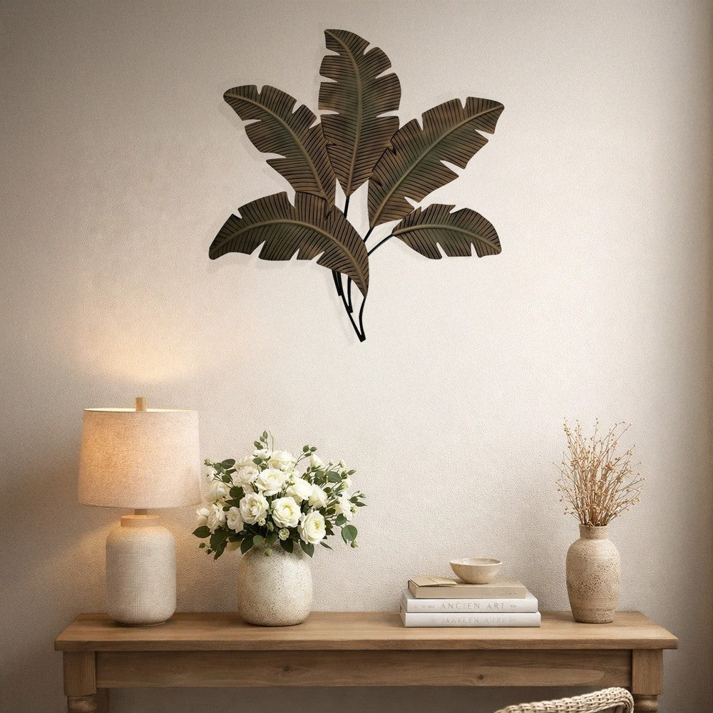 Benzara Metal Wall Decor Palm Leaf Green and Brown