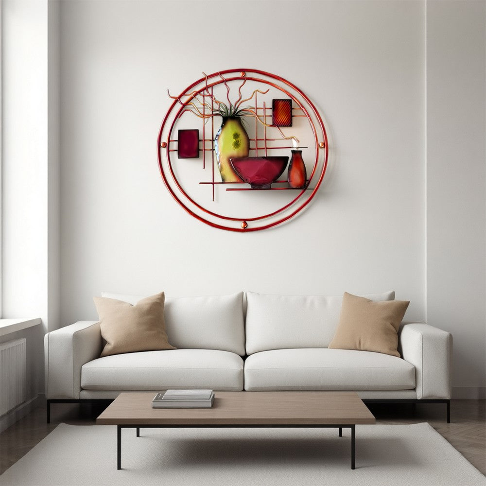 22 Inch Round Metal Wall Decor With Vase, Multicolor
