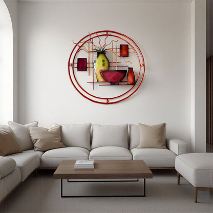 22 Inch Round Metal Wall Decor With Vase, Multicolor