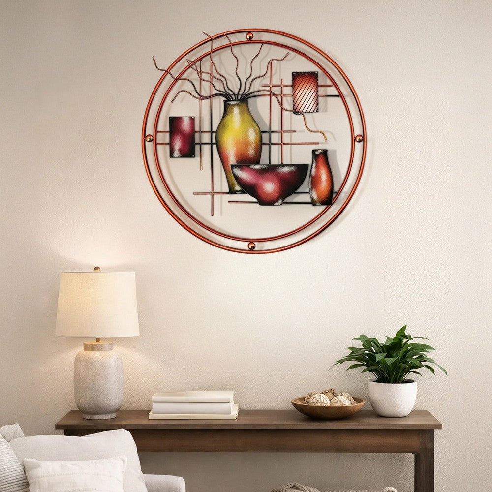 22 Inch Round Metal Wall Decor With Vase, Multicolor