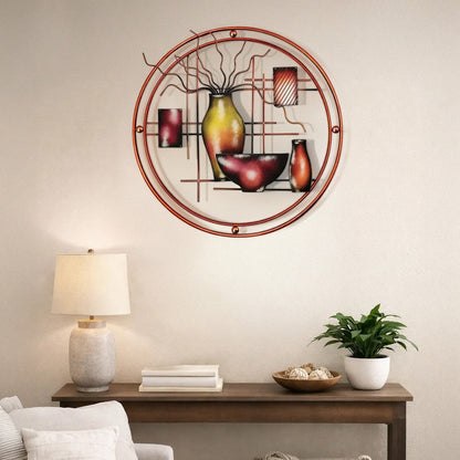 22 Inch Round Metal Wall Decor With Vase, Multicolor