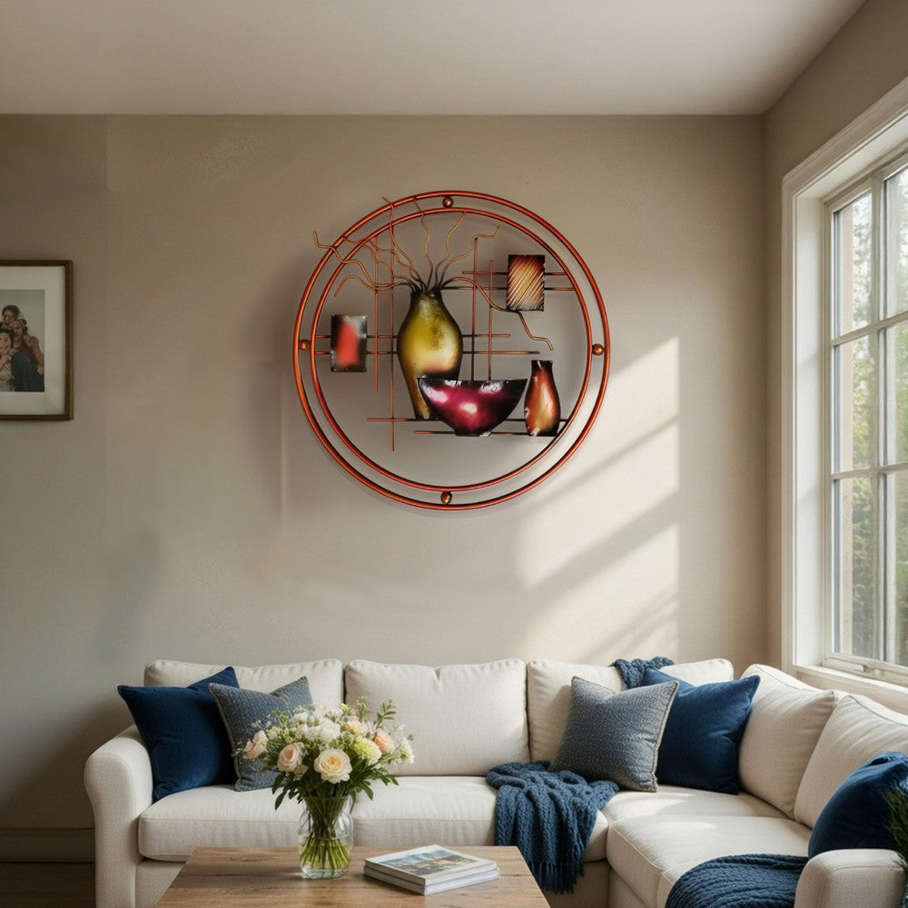 22 Inch Round Metal Wall Decor With Vase, Multicolor
